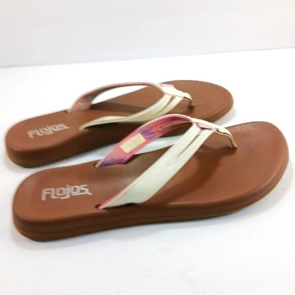 NWOT Flojos Flip Flop Thong Sandal Womans 8. Tan And White/Pink Strap........... - Picture 1 of 10